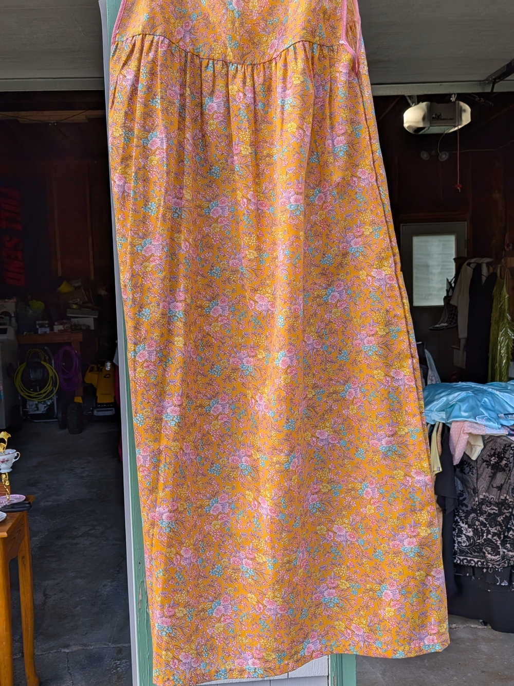 Vintage Yellow Floral Sleeveless House Dress Pink Trim Cottagecore Shift Dress